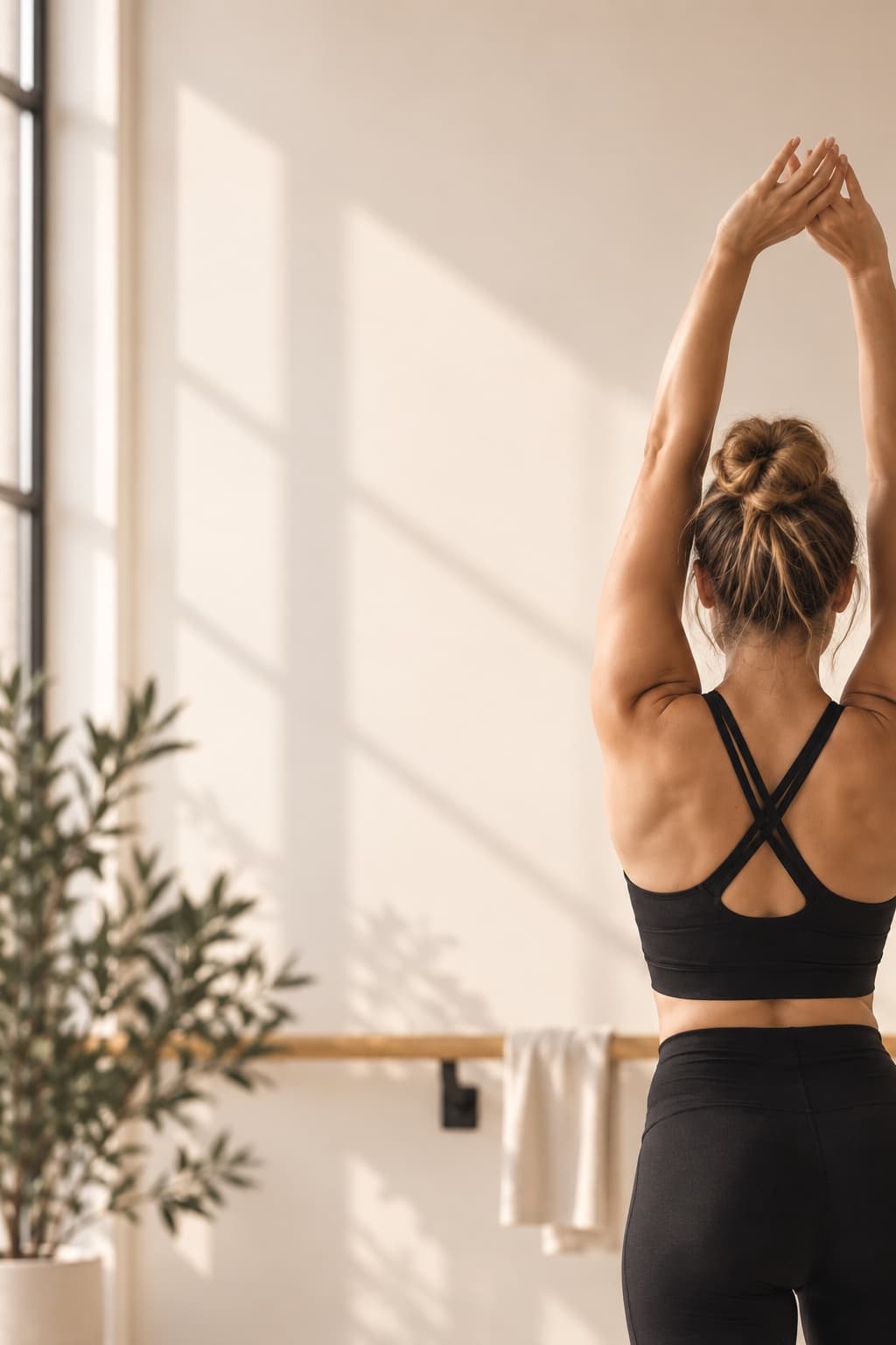 Woman stretching at the barre in a warm, minimalist fitness studio